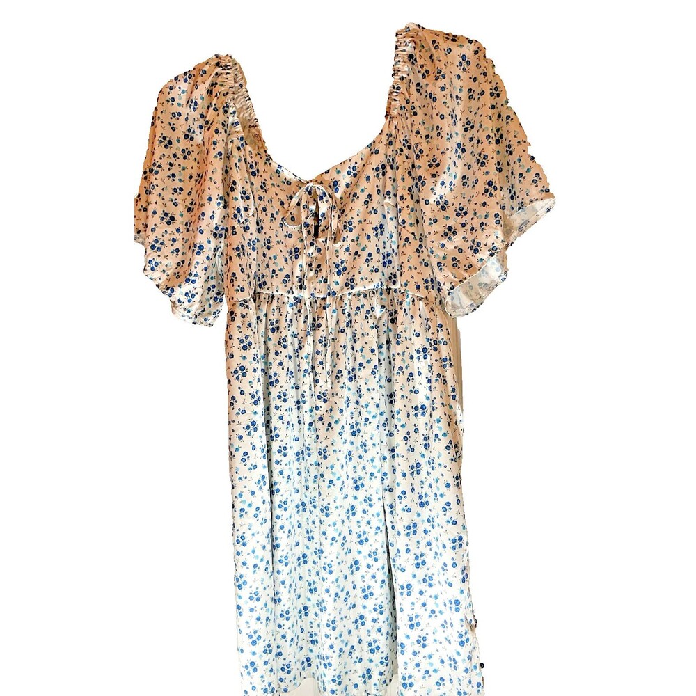 Shein Curve Floral Dress White & Blue Flowers Knee Lth Lined Cut Out Cottagecore